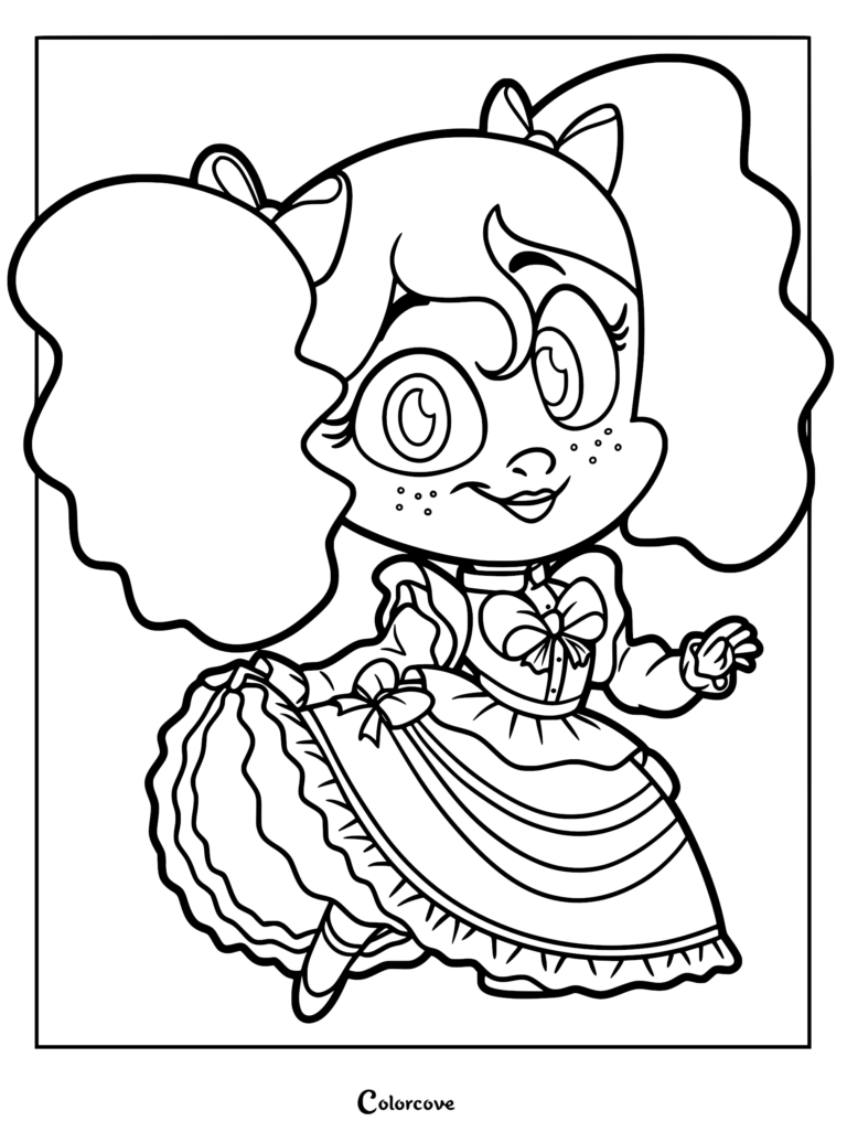Poppy Playtime character coloring page featuring Poppy with large pigtails, freckles, and a ruffled doll dress in line art style.