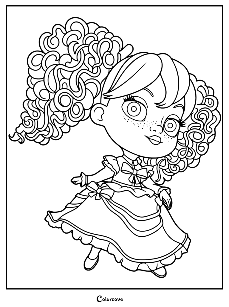 A printable coloring page featuring the Poppy doll from Poppy Playtime, showcasing her signature curly pigtails, freckled cheeks, and a detailed vintage-style Victorian dress with bows.