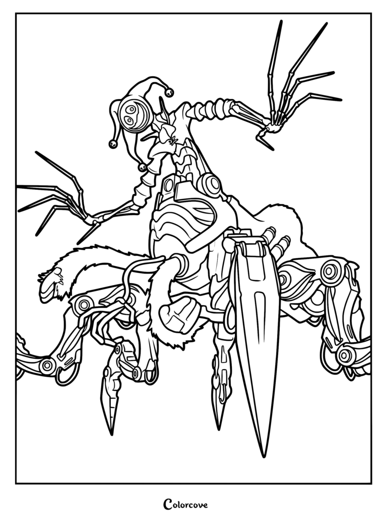 Detailed coloring page of The Prototype from Poppy Playtime featuring its skeletal jester hat, mechanical limbs, and sharp blade arm.