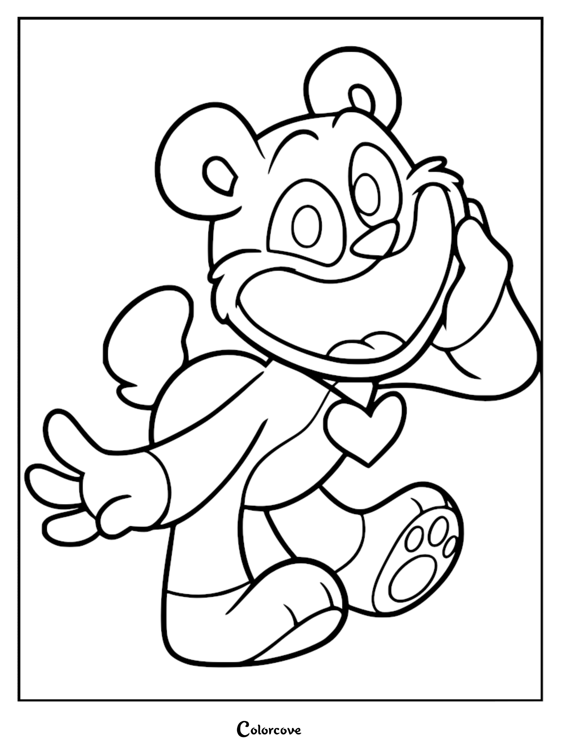 Bobby BearHug Smiling Critter character with a heart pendant in a cheerful pose on a printable coloring page.