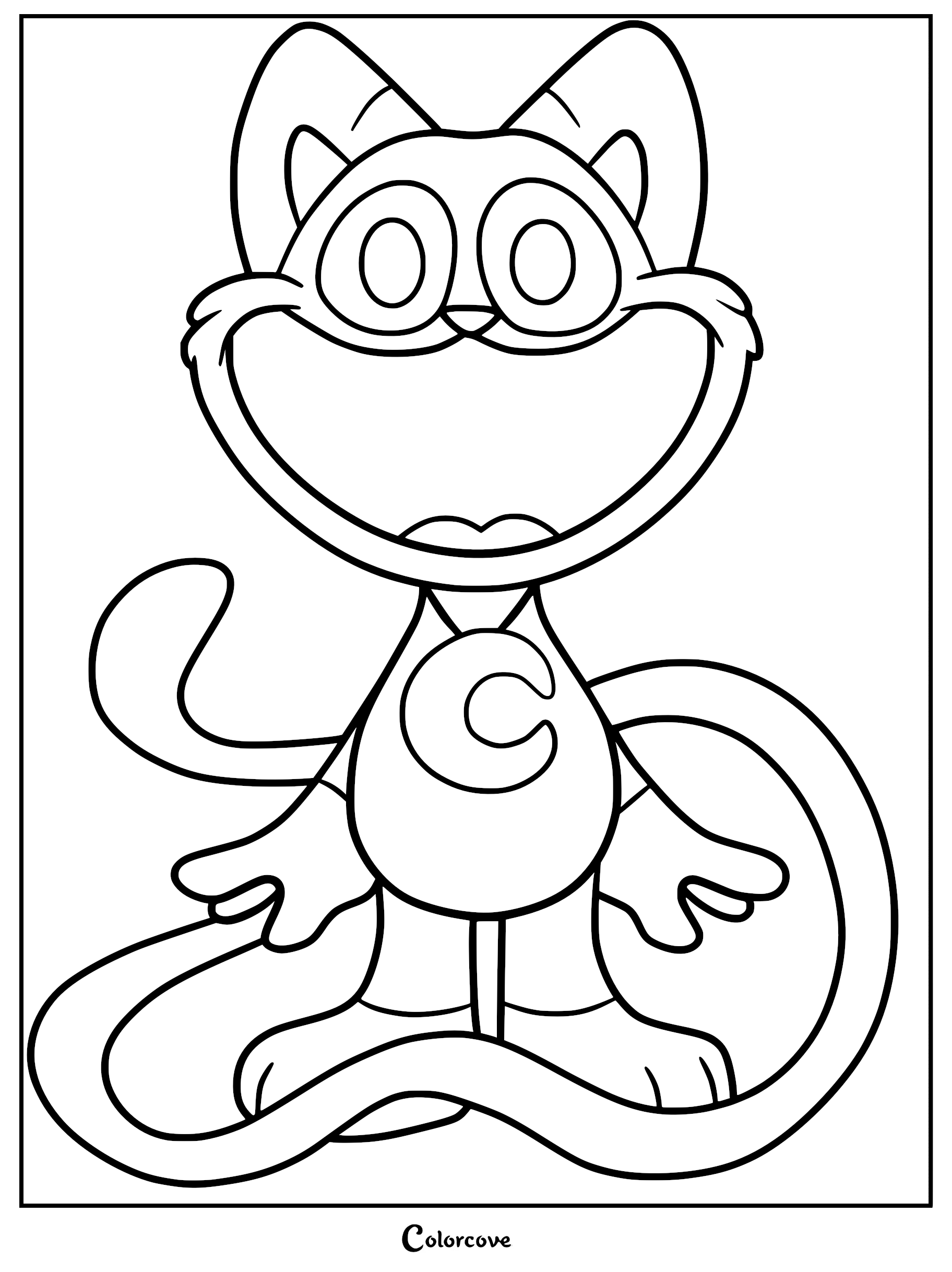CatNap Smiling Critter with a wide grin and crescent moon pendant on a printable coloring page.
