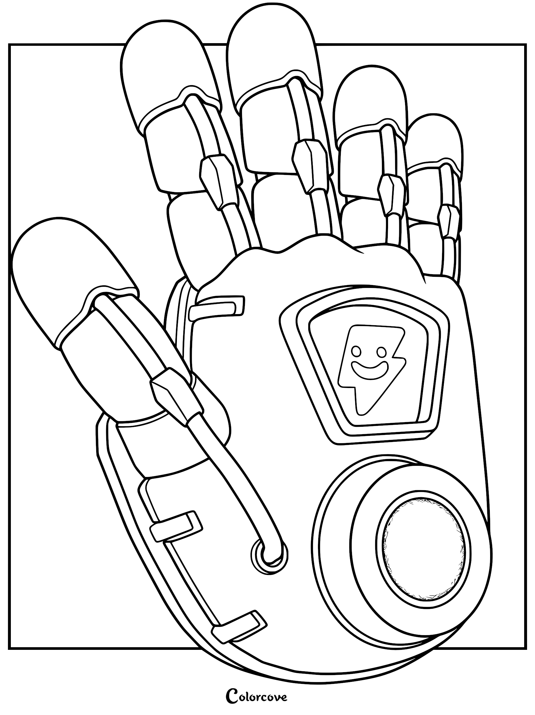 A detailed line art coloring page of the Poppy Playtime Conductive Hand, featuring the iconic lightning bolt emblem and mechanical finger segments.