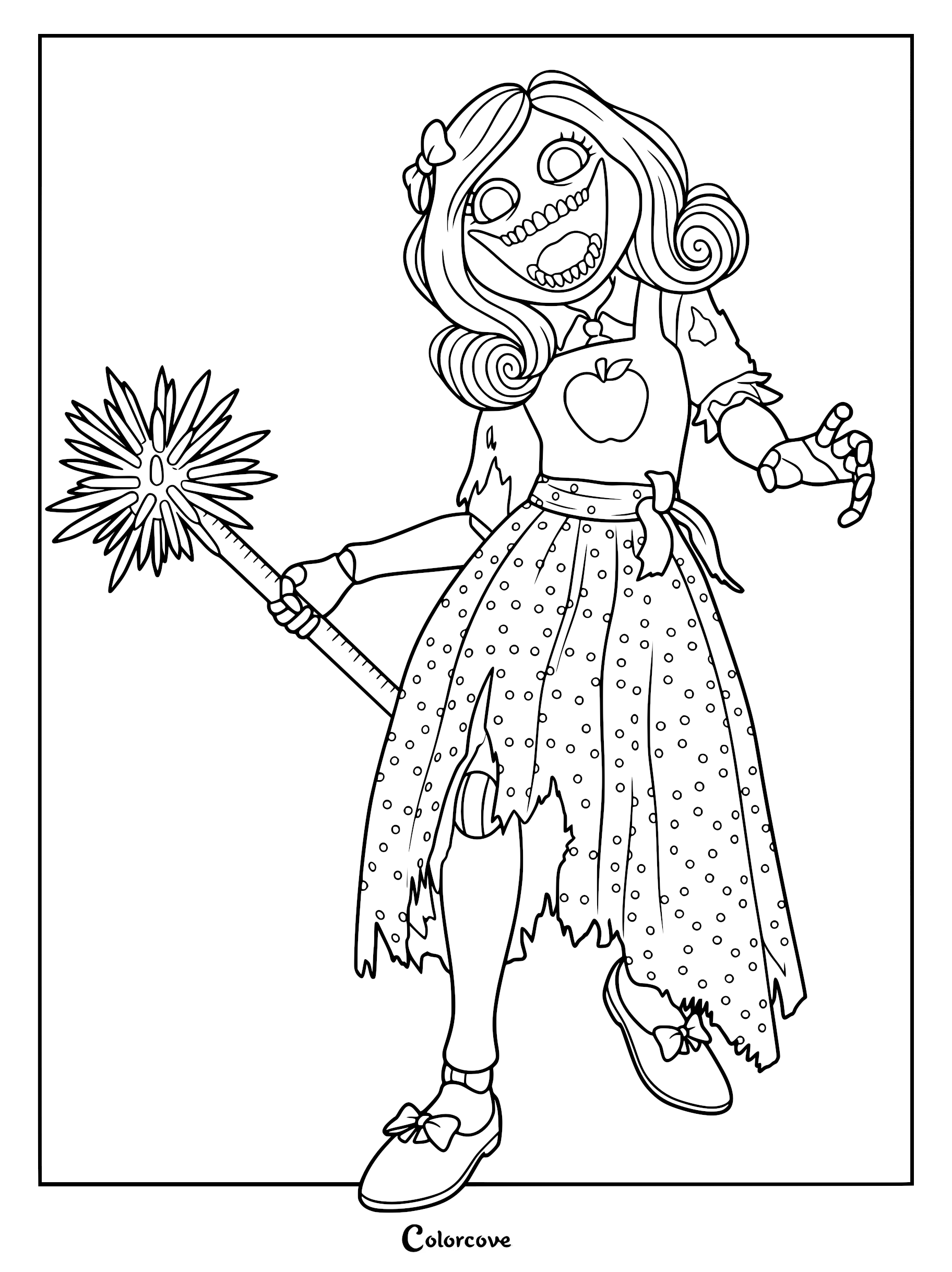 Miss Delight from Poppy Playtime holding a mace weapon, featuring her tattered polka dot dress and apple apron in a printable coloring page.