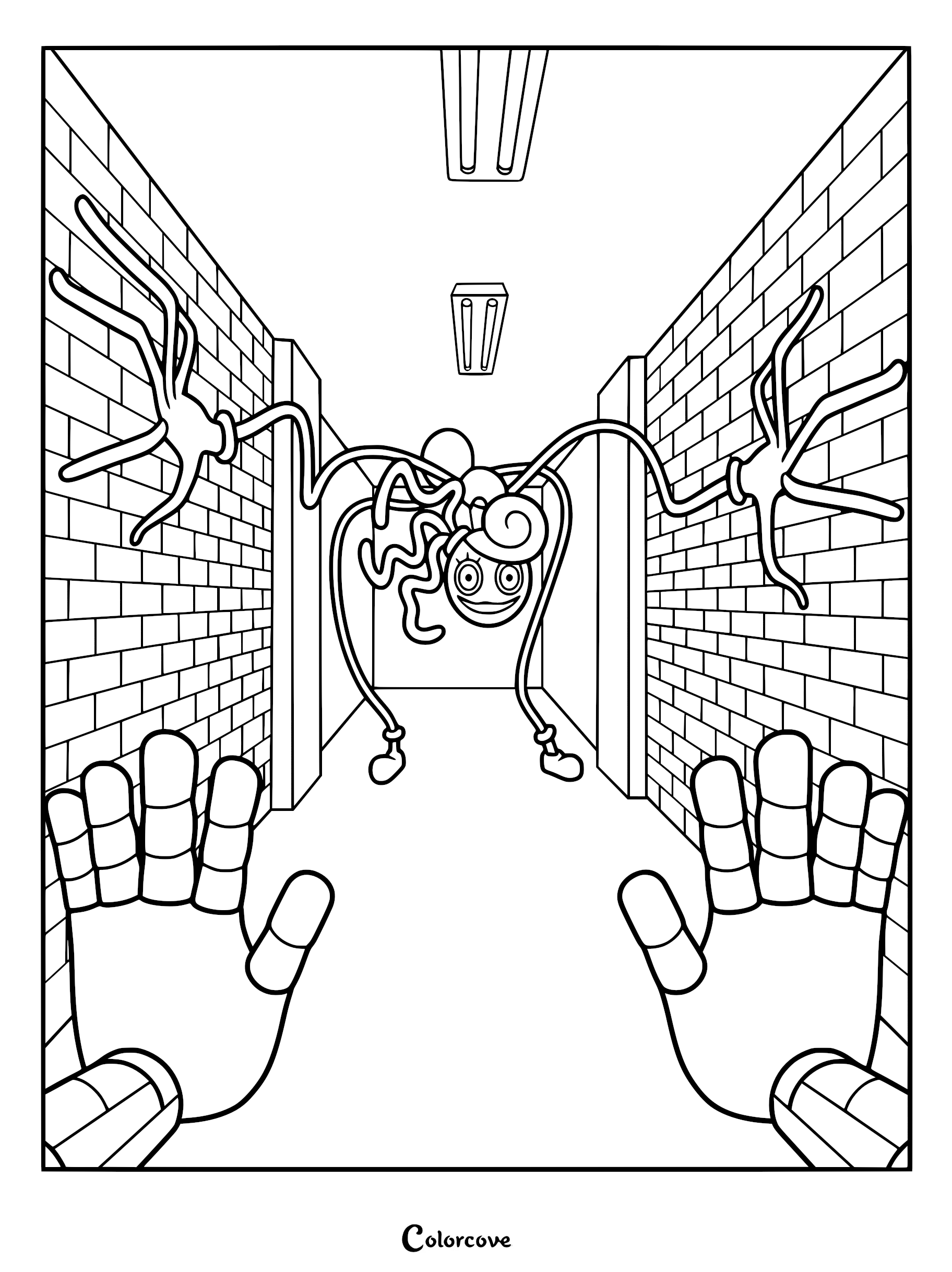 Mommy Long Legs' Final Stand coloring page showing a first-person perspective of the character reaching out in a brick hallway.