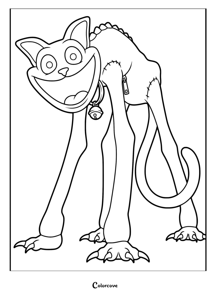 Nightmare CatNap character from Poppy Playtime, a lanky feline creature with a wide, toothless grin, crescent moon pendant, and stitched zipper detail, featured in a line art coloring page.