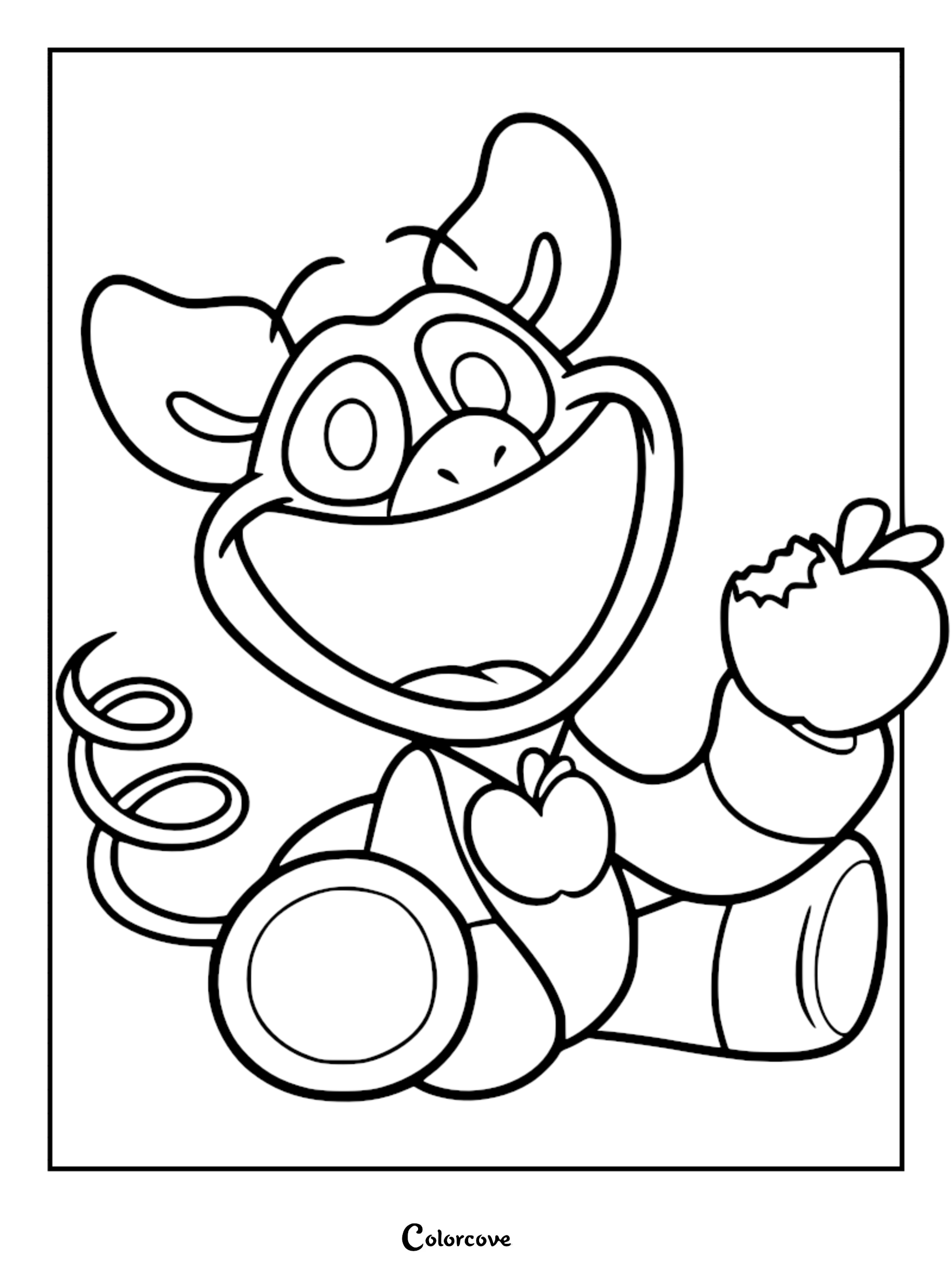 Piggyback from Poppy Playtime sitting and holding a bitten apple in this printable coloring page.