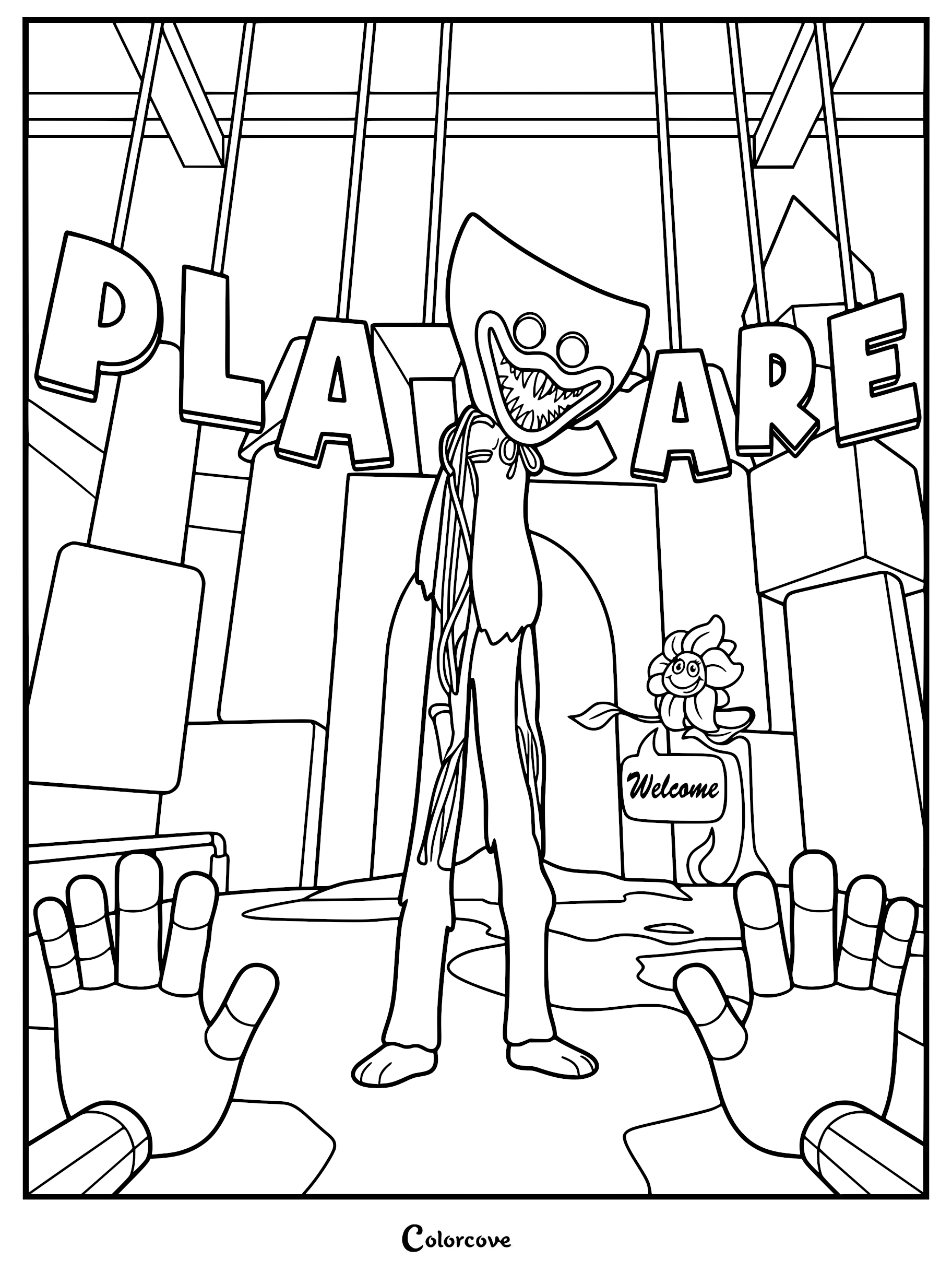 Huggy Wuggy standing in the Playcare entrance with a Welcome flower in this Poppy Playtime coloring page.