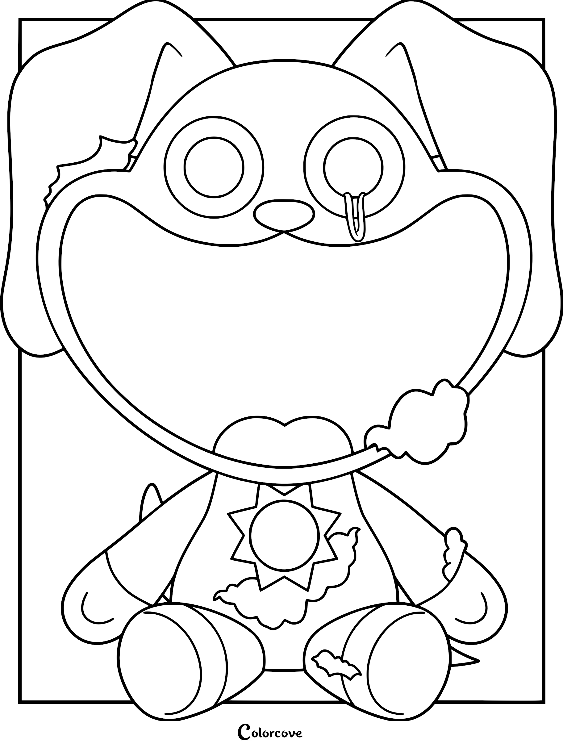 A detailed coloring page of the ruined DogDay character from Poppy Playtime, featuring a torn plush body, a missing eye, and a sun emblem on the chest.