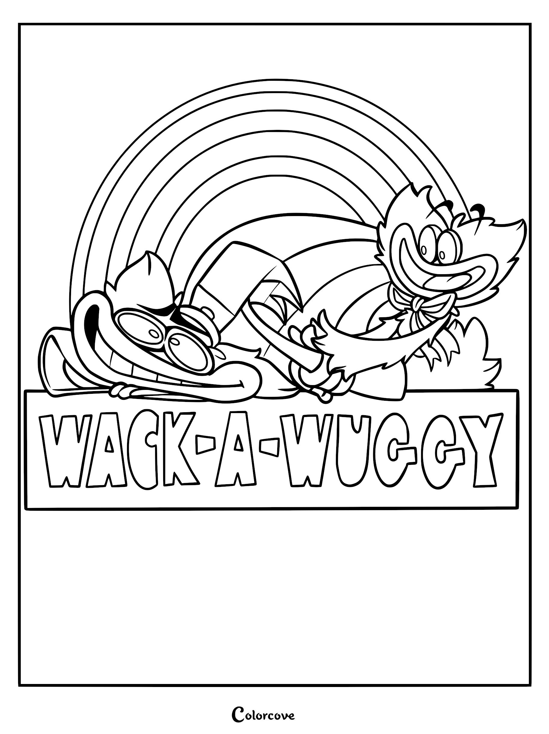 Wack-a-Wuggy game scene featuring Huggy Wuggy and a mallet in a Poppy Playtime coloring page.