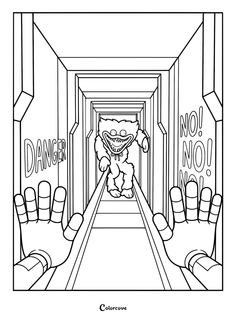 Huggy Wuggy chasing the player through a narrow ventilation shaft in this Poppy Playtime coloring page.