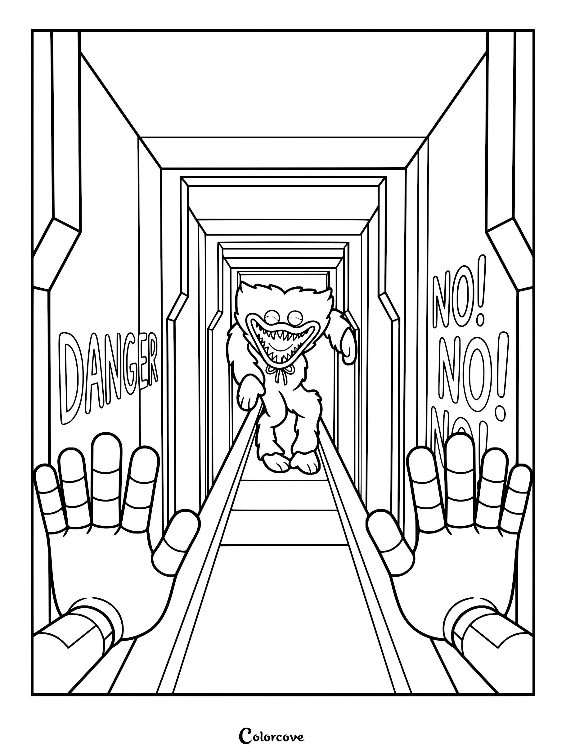 Huggy Wuggy chasing the player through a narrow ventilation shaft in this Poppy Playtime coloring page.