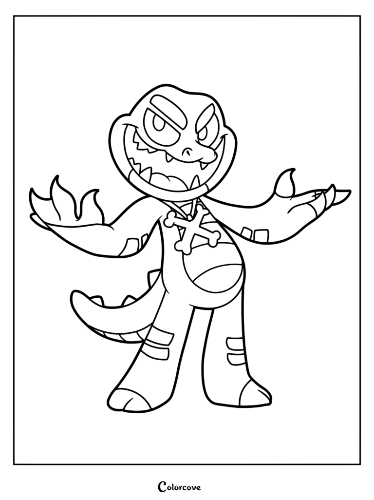 Allister Gator printable coloring page from Poppy Playtime, featuring the smiling reptilian character wearing a bone necklace and showing claws.