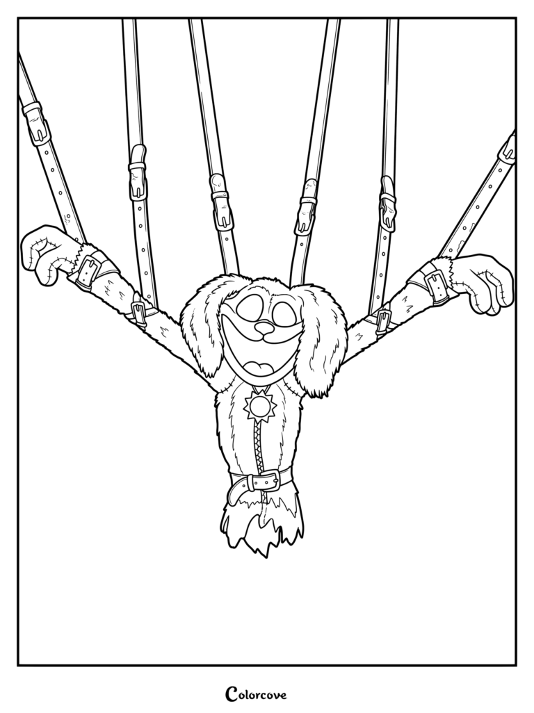 Printable coloring page of DogDay chained in the playhouse in a ruined state from Poppy Playtime.