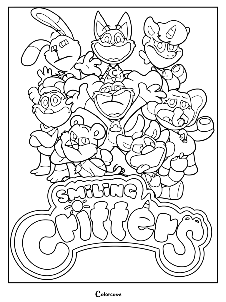 Poppy Playtime coloring page featuring CatNap and the Smiling Critters group outline
