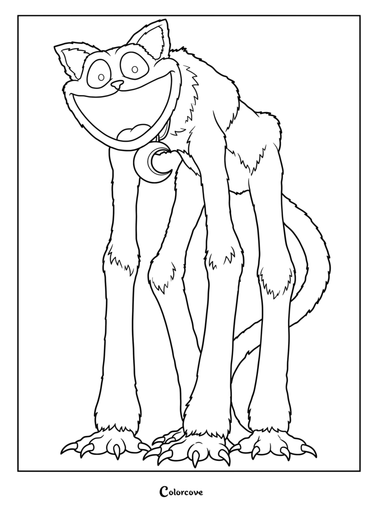 Printable CatNap coloring page from Poppy Playtime featuring the tall quadrupedal Smiling Critters cat with an oversized grinning head and a crescent moon pendant.