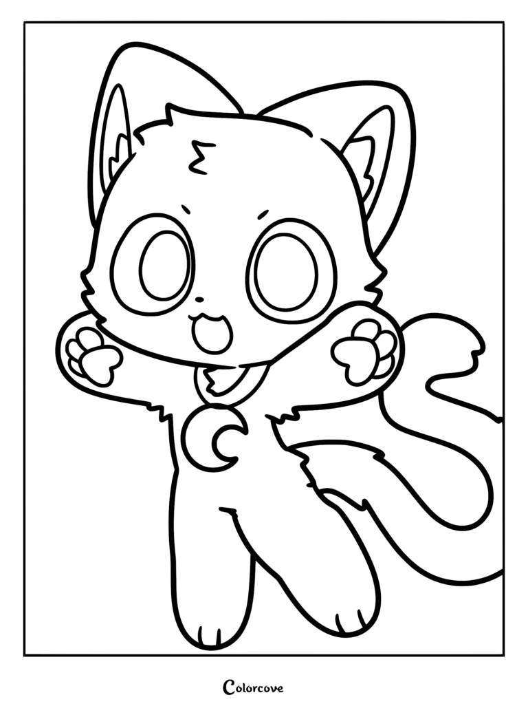 CatNap character from Poppy Playtime, stylized as a cute kitten with large eyes, a crescent moon pendant, and raised paws, in a printable coloring page format.