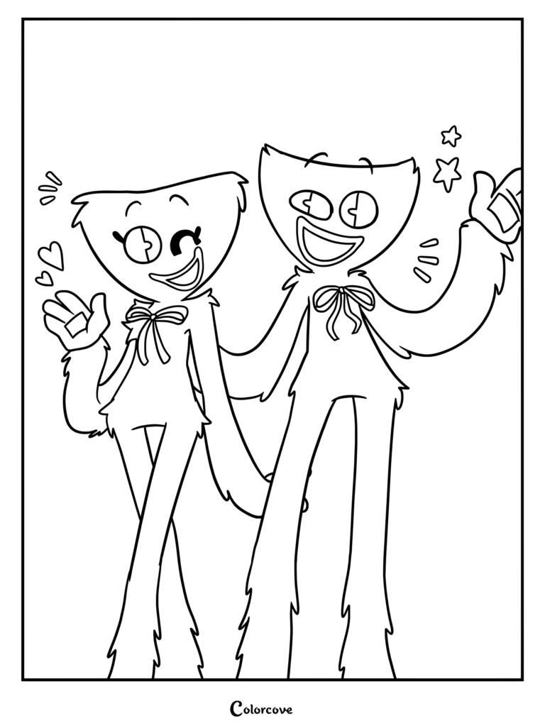 Huggy Wuggy and Kissy Missy Heart coloring page from Poppy Playtime featuring both characters waving and surrounded by hearts and stars