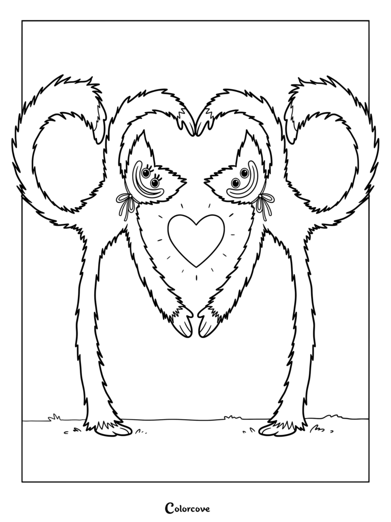 Poppy Playtime coloring page featuring Huggy Wuggy and Kissy Missy forming a heart shape together