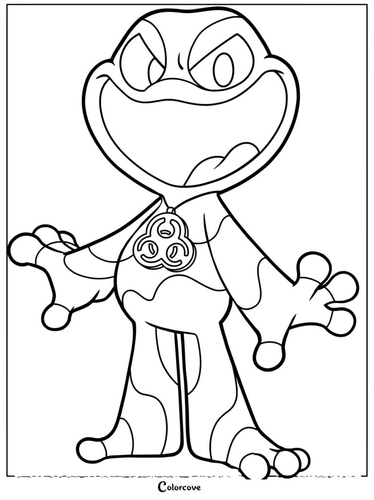 Icky Licky coloring page from Poppy Playtime featuring an evil-grinning biohazard character with a pendant.