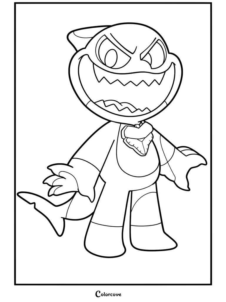 Maggie Mako from Poppy Playtime as a printable coloring page featuring the shark-like character with a wide, toothy grin and a pendant.