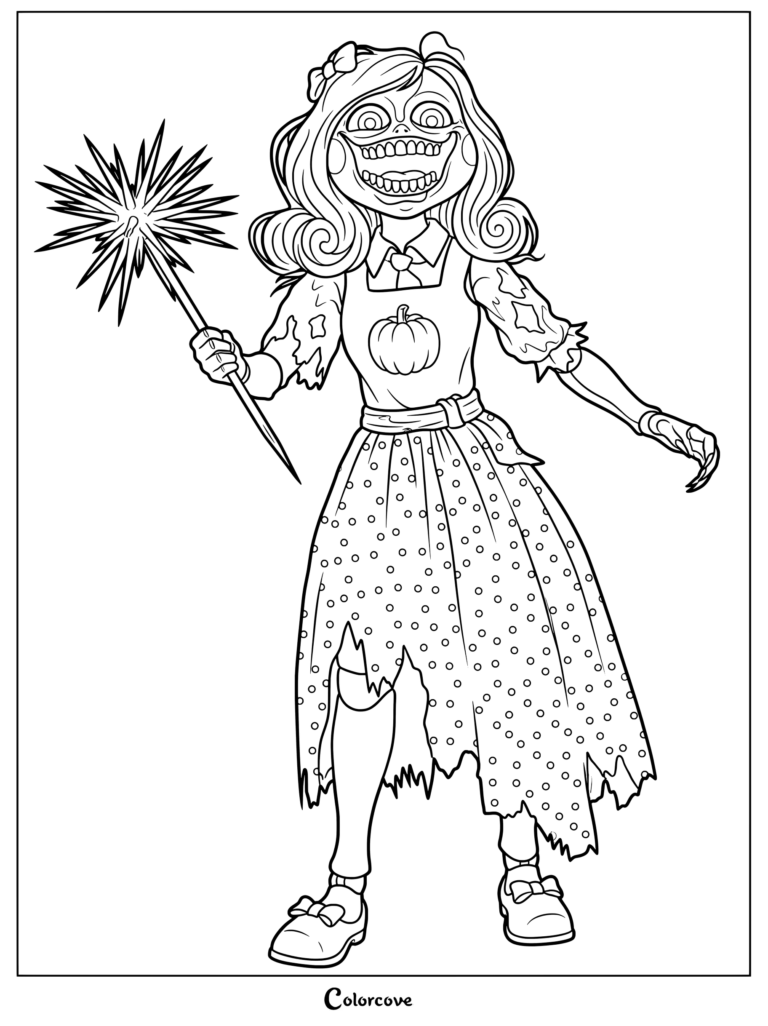 Poppy Playtime coloring page of Miss Delight holding Barb the barbed wire club while roaming the school hallways
