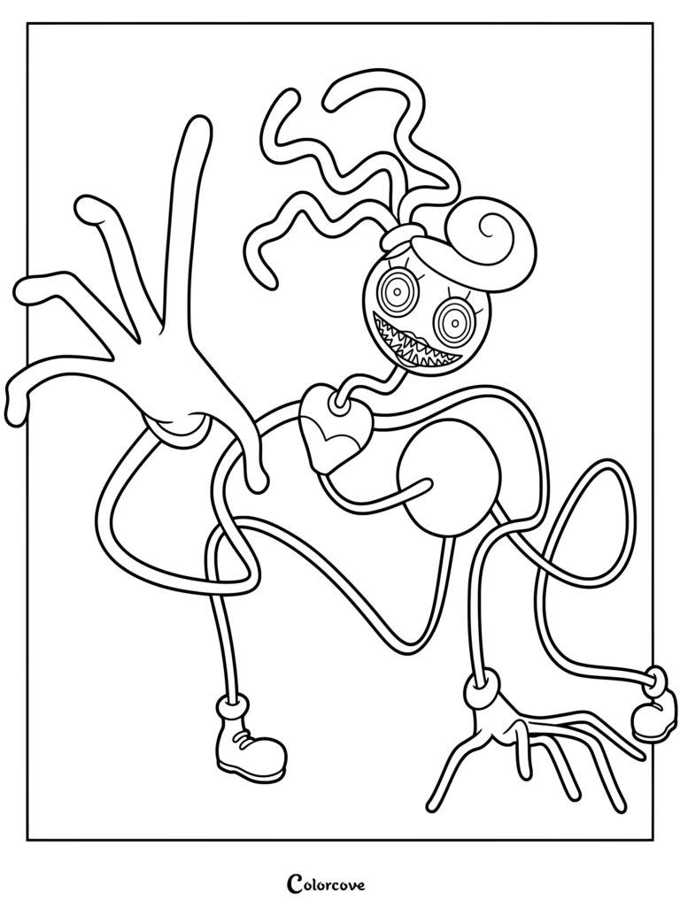 Printable coloring page of Mommy Long Legs from Poppy Playtime stretching her long hand and smiling menacingly.