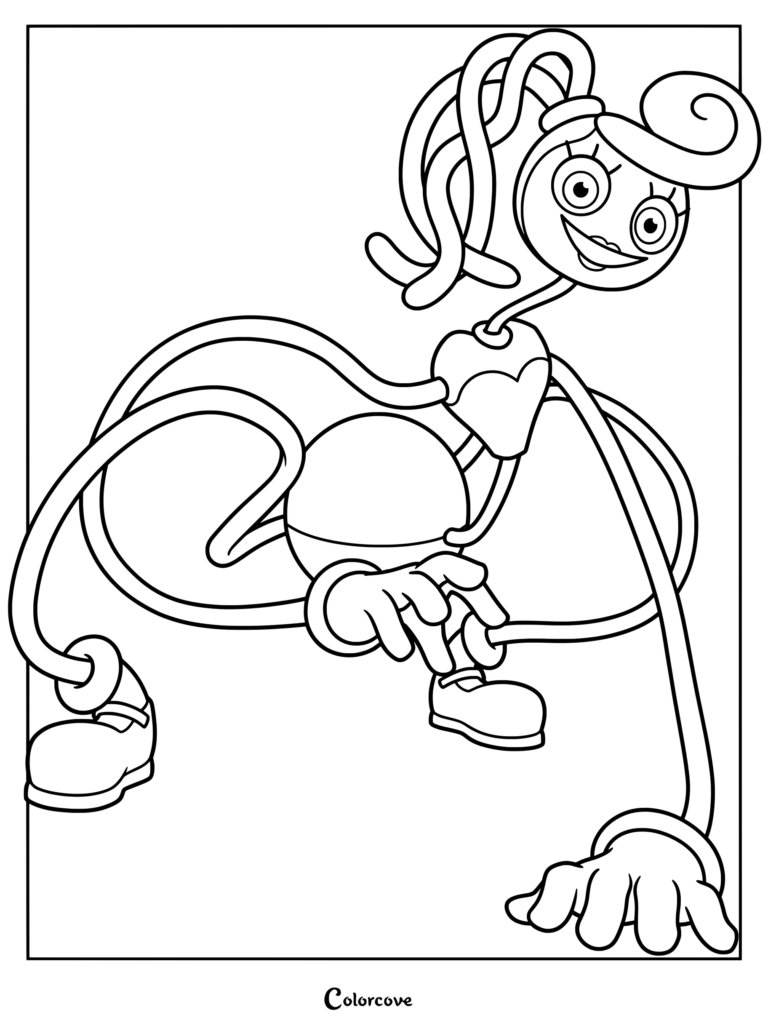 Printable coloring page of Mommy Long Legs from Poppy Playtime, stretching her elastic arms and legs in a crawling pose.