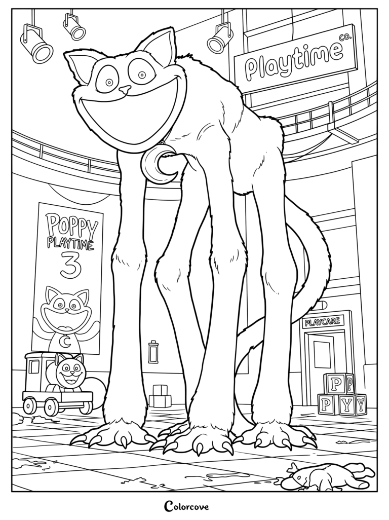 A detailed coloring page of nightmare CatNap roaming the Playcare facility from Poppy Playtime.
