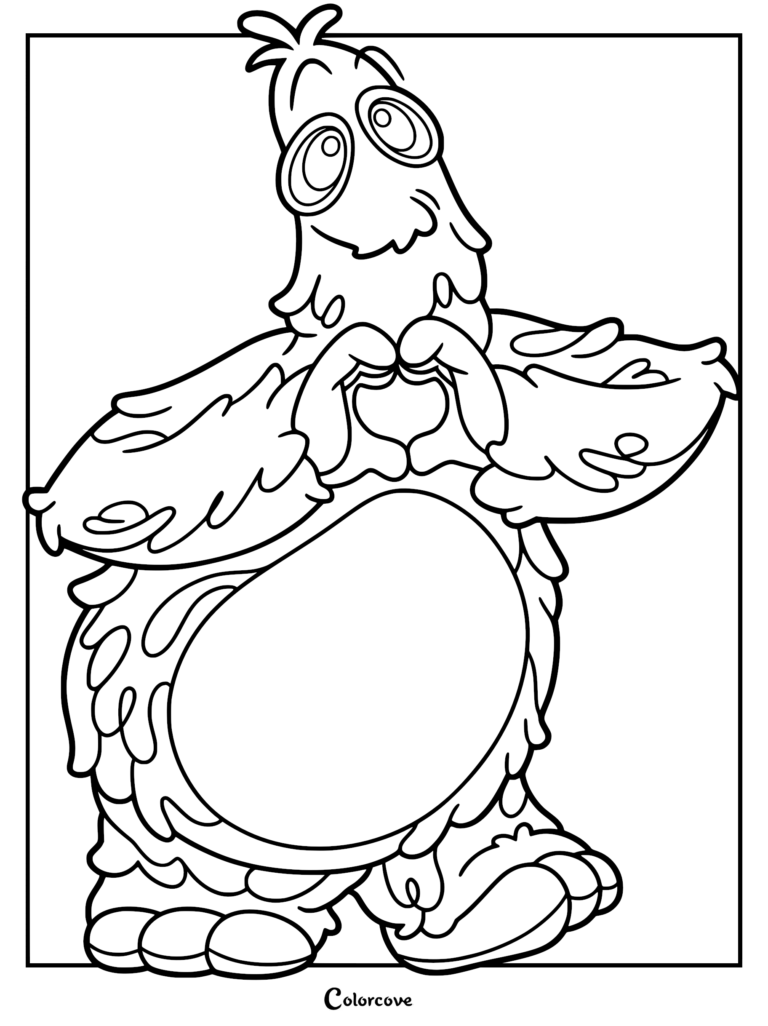 A printable coloring page featuring Chum Chompkins from Poppy Playtime with shaggy fur and round eyes, making a heart shape with its hands.