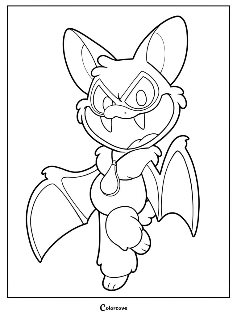 A printable coloring page of Rabie Baby from Poppy Playtime, featuring the wide-eyed grinning toy bat character with oversized ears and webbed wings in a dynamic pose.