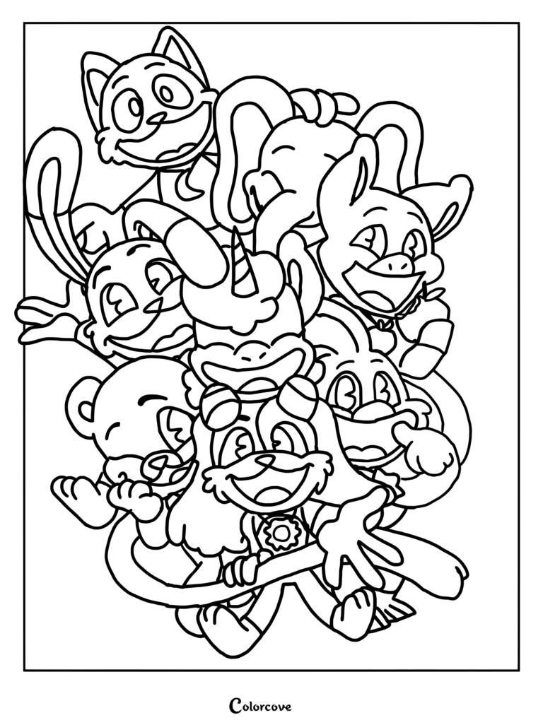 Smiling Critters coloring page featuring CatNap and other characters from Poppy Playtime in a cute group arrangement.