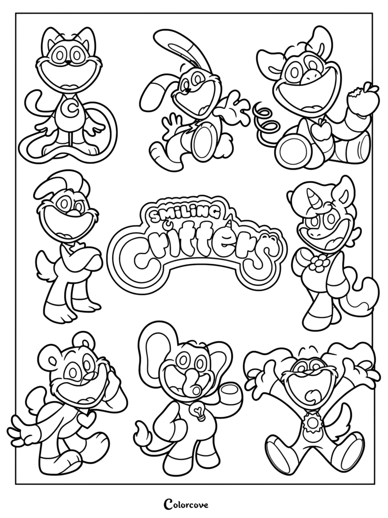 The image features the full main cast of the Smiling Critters from the horror puzzle game Poppy Playtime Chapter 3 as a printable coloring page.