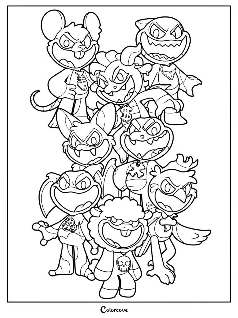 Printable coloring page featuring the official lineup of the Nightmare Critters from Poppy Playtime.