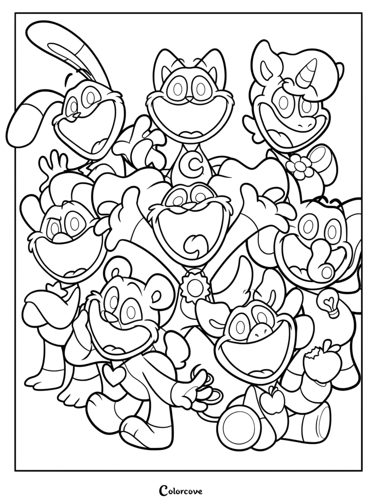Smiling Critters coloring page featuring the characters from Poppy Playtime Chapter 3.
