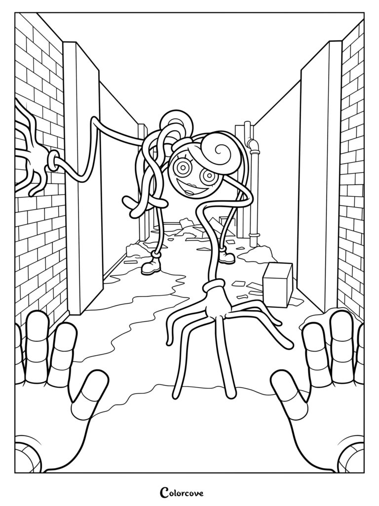 Mommy Long Legs chasing the player in a dark corridor during the climax of Poppy Playtime Chapter 2 Fly in a Web coloring page