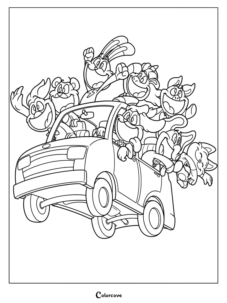 The image shows the characters from the horror media franchise Poppy Playtime known as the Smiling Critters piled into and hanging off a blue cartoon car, featured as a printable coloring page.