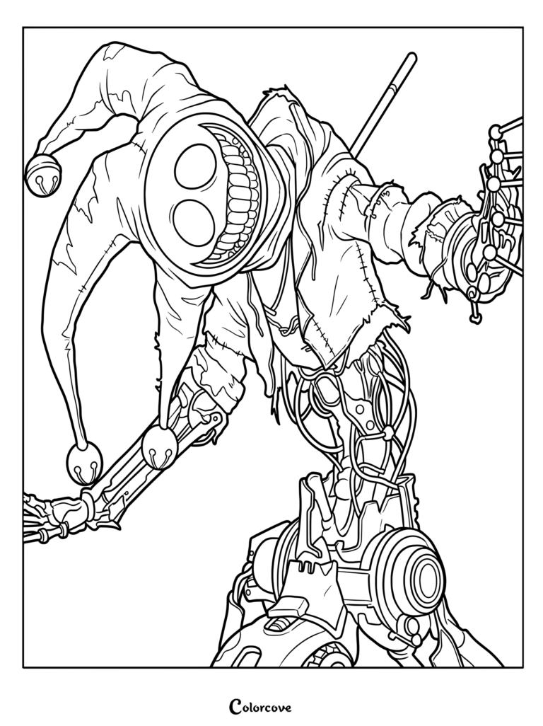 Detailed coloring page featuring The Prototype from Poppy Playtime with its mechanical claw hand and stitched mask.