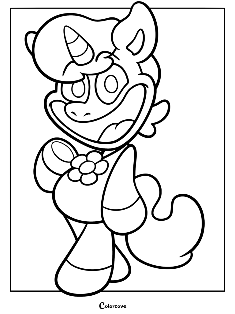 A detailed coloring page of CraftyCorn from Poppy Playtime featuring the smiling unicorn character with a flower emblem on its chest.