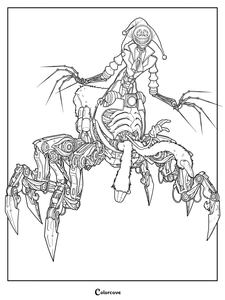 Detailed coloring page featuring The Prototype from Poppy Playtime, showcasing its mechanical spider-like lower body and jester-like upper torso.