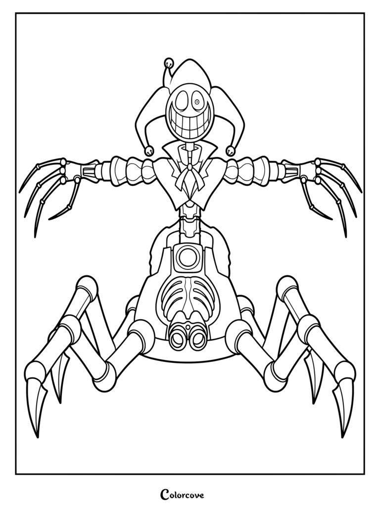 Printable coloring page of The Prototype from Poppy Playtime, featuring a chilling robotic creature with a jester hat and mechanical spider legs.