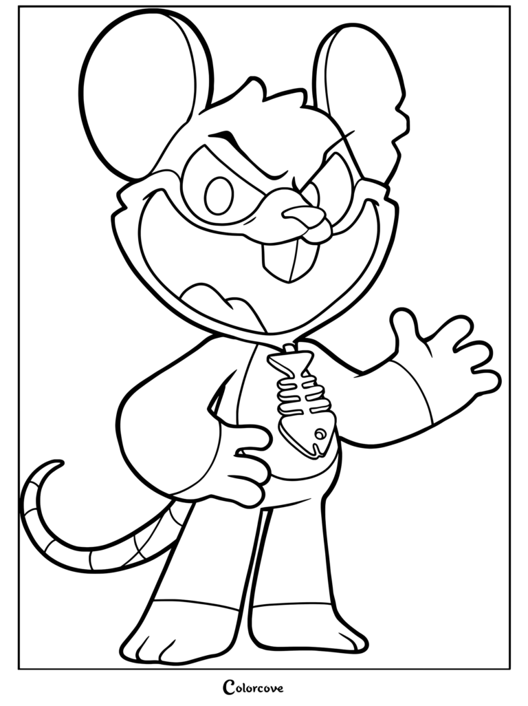 Touille coloring page from Poppy Playtime, featuring the character standing and waving with a mischievous expression.