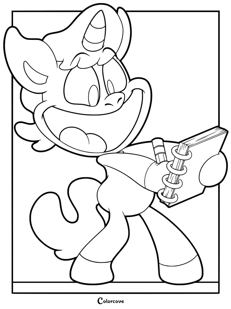 CraftyCorn the smiling unicorn from Smiling Critters holding a spiral notebook and pencil in this printable coloring page.