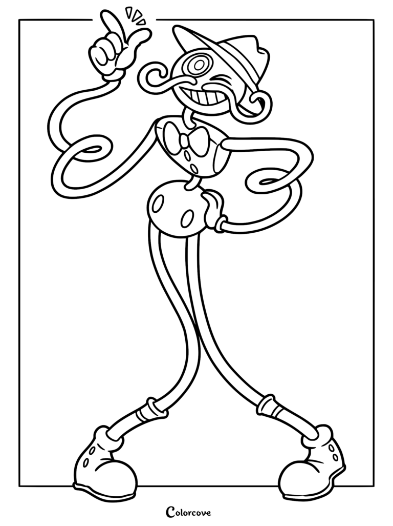 Daddy Long Legs from Poppy Playtime wearing a fedora, bowtie, and mustache, gesturing with a long arm, presented as a clear line art coloring page.