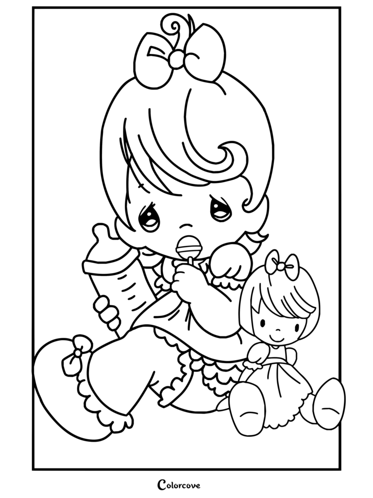 Dibujo para colorear de Precious Moments de una bebé sosteniendo un biberón y una muñeca.