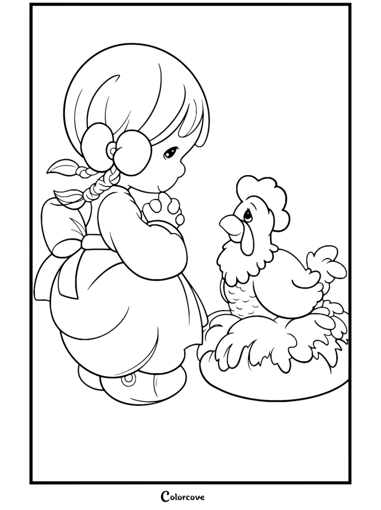 Dibujo para colorear de Precious Moments de una niña rubia arrodillada rezando junto a una gallina en su nido.