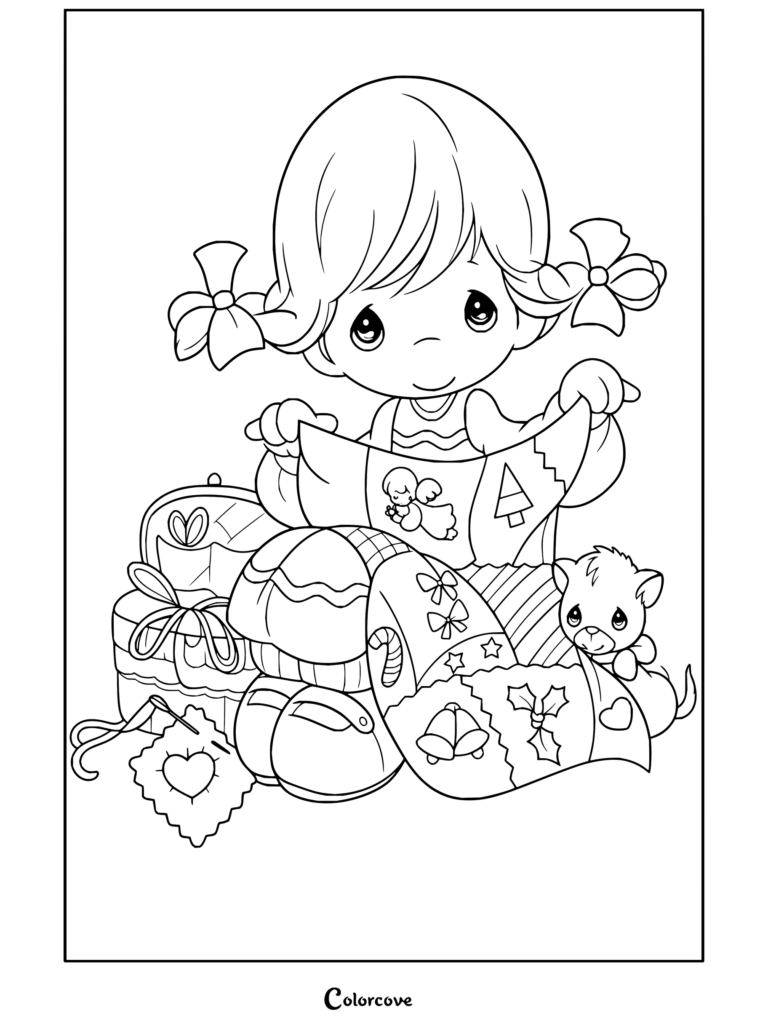 Dibujo para colorear de Precious Moments de una niña rubia cosiendo una colcha navideña con un gatito.