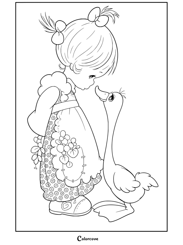 Dibujo infantil para colorear de una niña rubia con coletas mirando a un pato blanco, de Precious Moments.