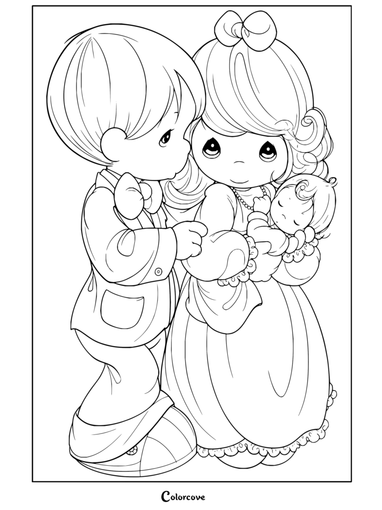 Dibujo para colorear imprimible de Precious Moments con un niño y una niña sosteniendo un muñeco bebé.