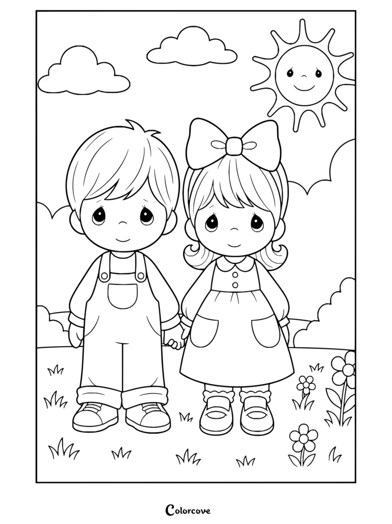 Dibujo para colorear de Precious Moments de un niño y una niña tomados de la mano en un jardín soleado con un sol sonriente y nubes