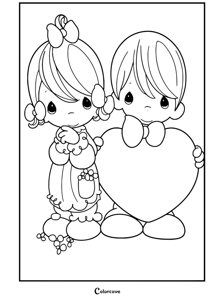Dibujo para colorear de Precious Moments de un niño y una niña sosteniendo un gran corazón rojo con una pajarita azul.